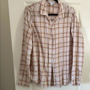 Plaid Button-Up Shirt in Beige and White - Casual Long Sleeve